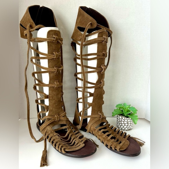 Free People Sun Seeker Tall Gladiator Sandal Brown Suede Lace-Up Size 39 NWT - Picture 4 of 13
